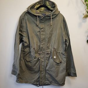 Penfield army green long zip up button closure, oversized hood fall jacket Sz L